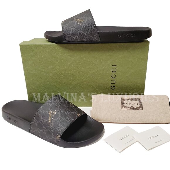 GUCCI SHOES MENS GG SUPREME CANVAS LOGO TIGER SLIDES SANDALS Size 9/ US 9.5 - Picture 2 of 15